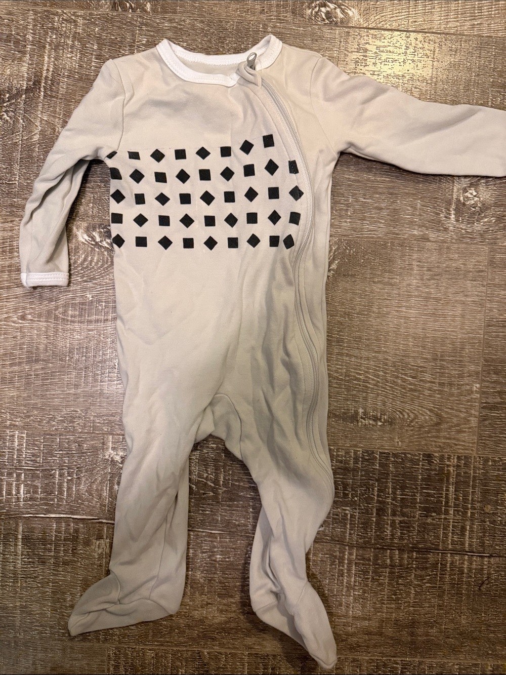 Unbranded Cream Long-Sleeve Footed One-Piece with Black Geometric Print